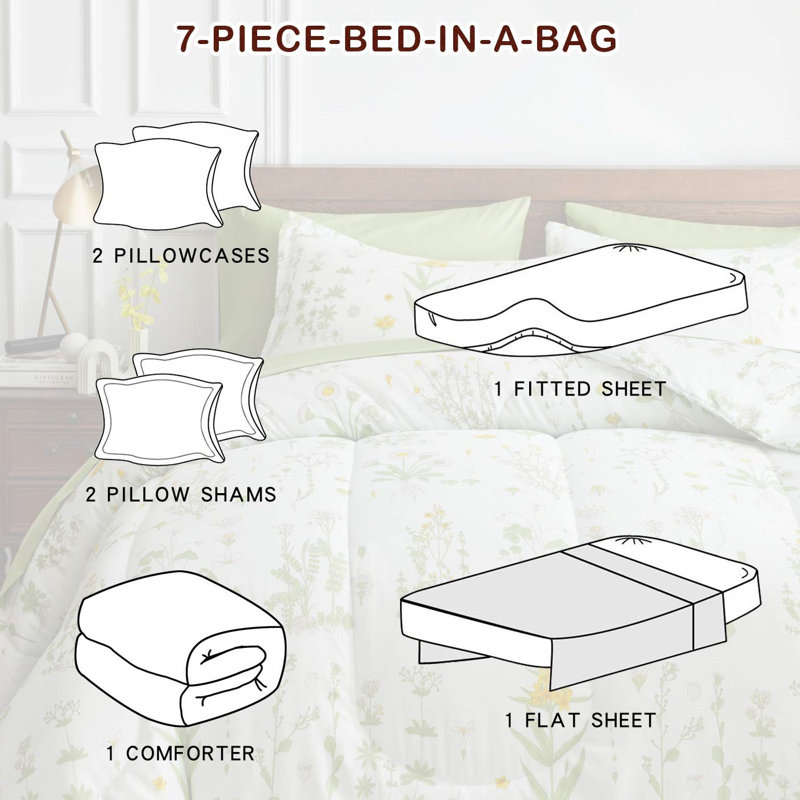 Green and Gold Botanical Microfiber Queen Bed in a Bag Set