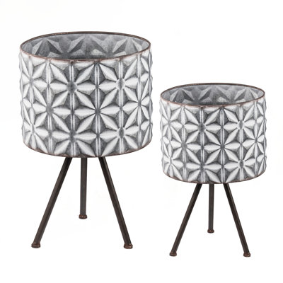 Set Of 2 Metal Planter Stand,Round Galvanized Grey Farmhouse Planter