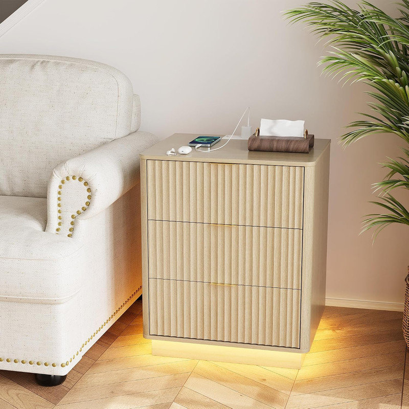 Ensemble de 2 tables de chevet cannelées avec station de charge et lumière DEL, table de chevet Mid-Century à 3 tiroirs pour la chambre à coucher