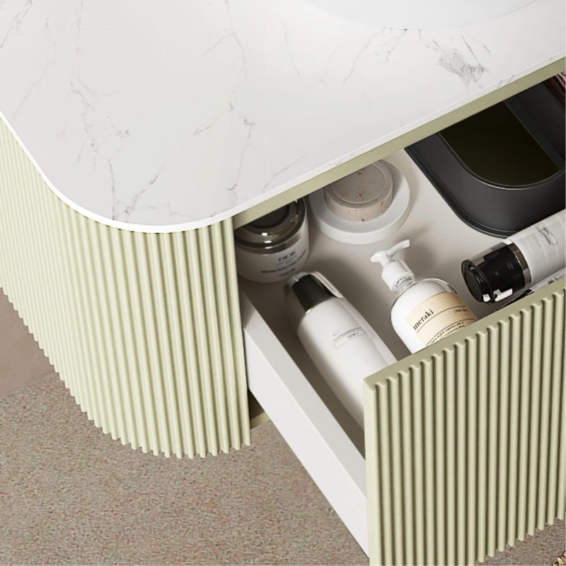 Meuble-lavabo avec lavabo, armoire de rangement murale suspendue aux bords incurvÃ©s et Ã  rayures, avec tiroir, lavabo rond en cÃ©ramique blanche Ã  motif pierre