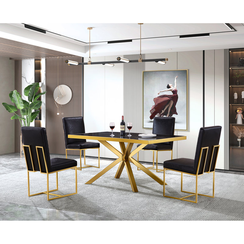 Modern Black Leather Dining Chairs with Gold Sleed Legs