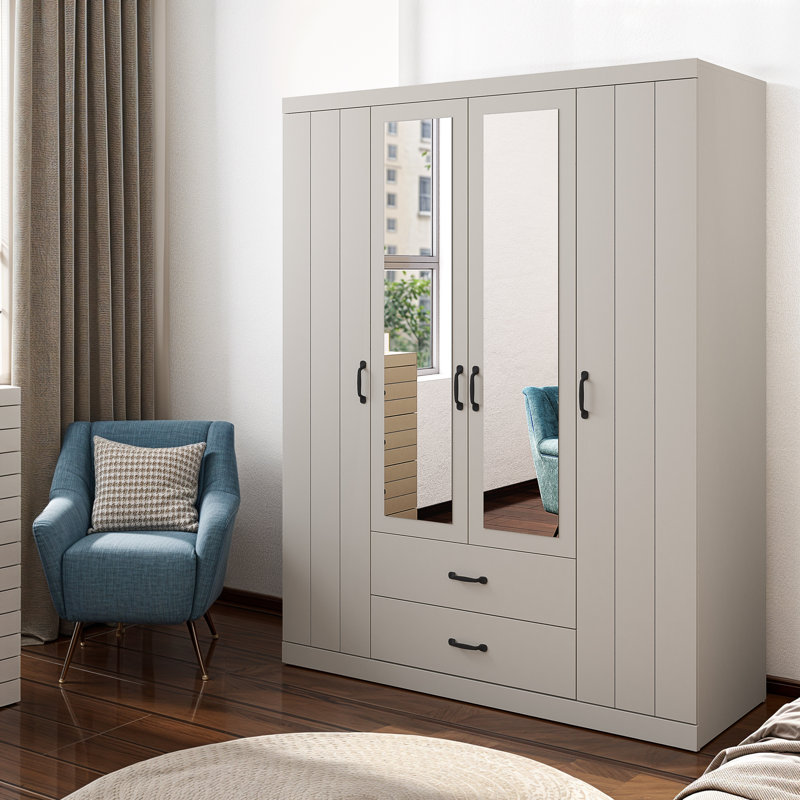 4 Door 2 Drawer Wardrobe With Mirror, Light Grey