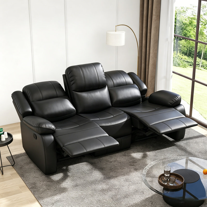 Kamarli Faux Leather Upholstered Solid and Manufactured Wood Frame Manual Reclining Sofa , Black Faux Leather