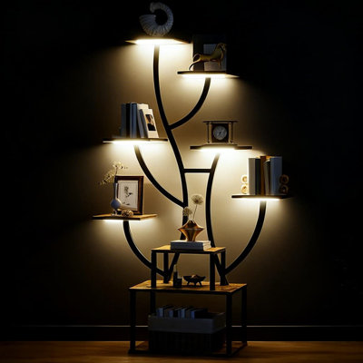 S-Shaped Tree Bookshelf With Dimmable LED Lights, 8-Tier Corner Display Shelf For Home Office And Bedroom Decor