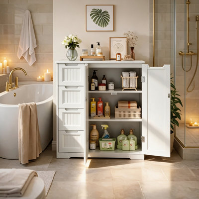 Meuble de salle de bain de 80 cm de large, meuble de rangement autoportant avec 4 tiroirs et double porte.