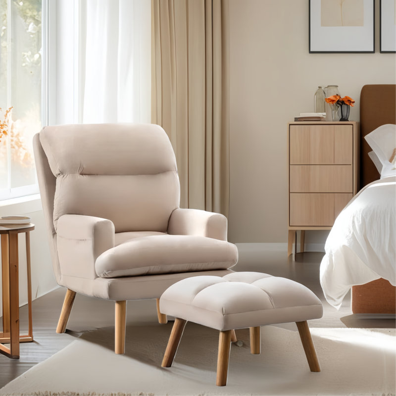 Maybery 44.1''Wide Modern Soft Upholstered Standard Reclining Accent Chair With Ottoman, Beige Velvet