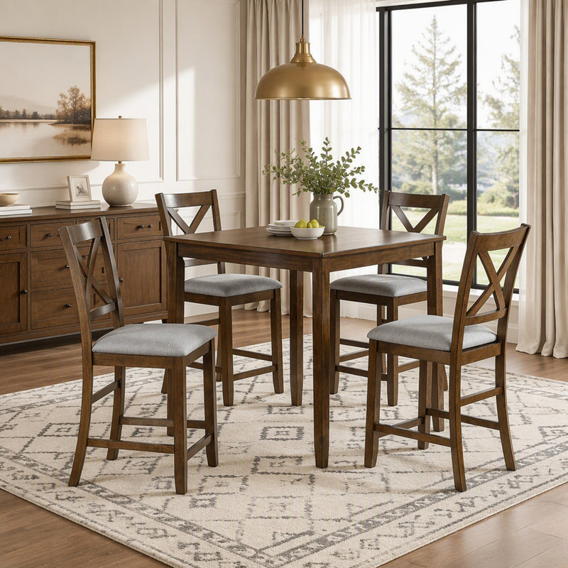 Ensemble de salle à manger 5 pièces à hauteur de comptoir avec table carrée et chaises rembourrées, parfait pour les petits espaces