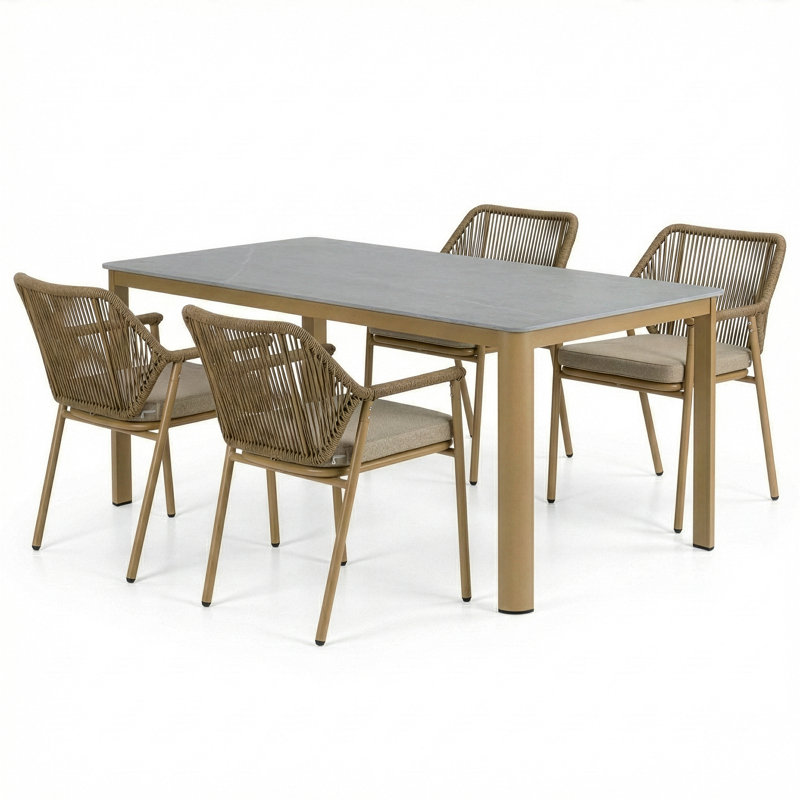 Bisera Brown Outdoor Dining 4 Seats Set, Brown Cushion/Brown Frame