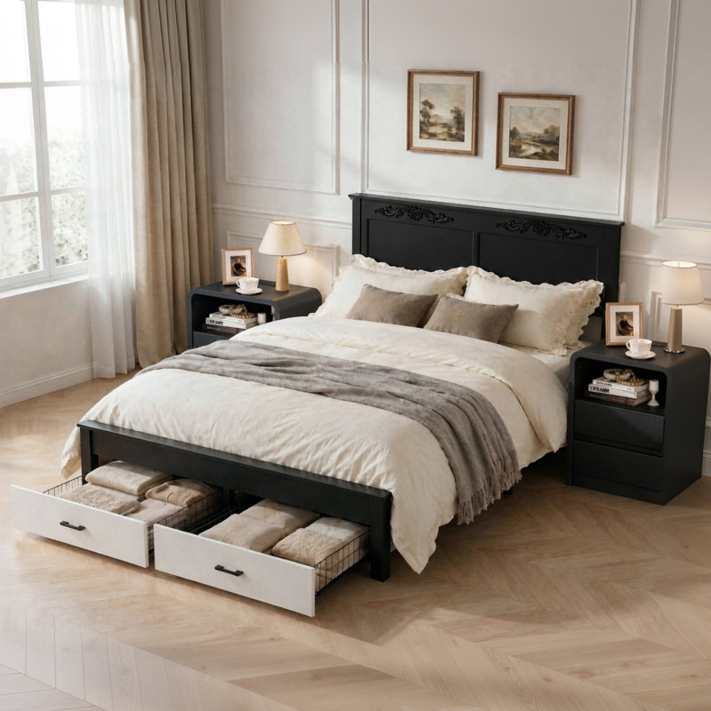 Ensemble de chambre à coucher 3 pièces, 1 cadre de lit rustique de style ferme Queen avec 2 tiroirs et 2 tables de chevet avec station de chargement USB