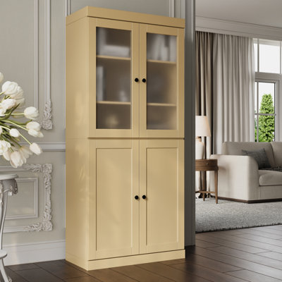 100% Solid Wood Tall Modular Bookcase Cabinet with Frosted Glass Top Doors & Shaker Bottom Doors, Storage Display Bookshelf with Adjustable Shelves, 32" W x 71.5" H
