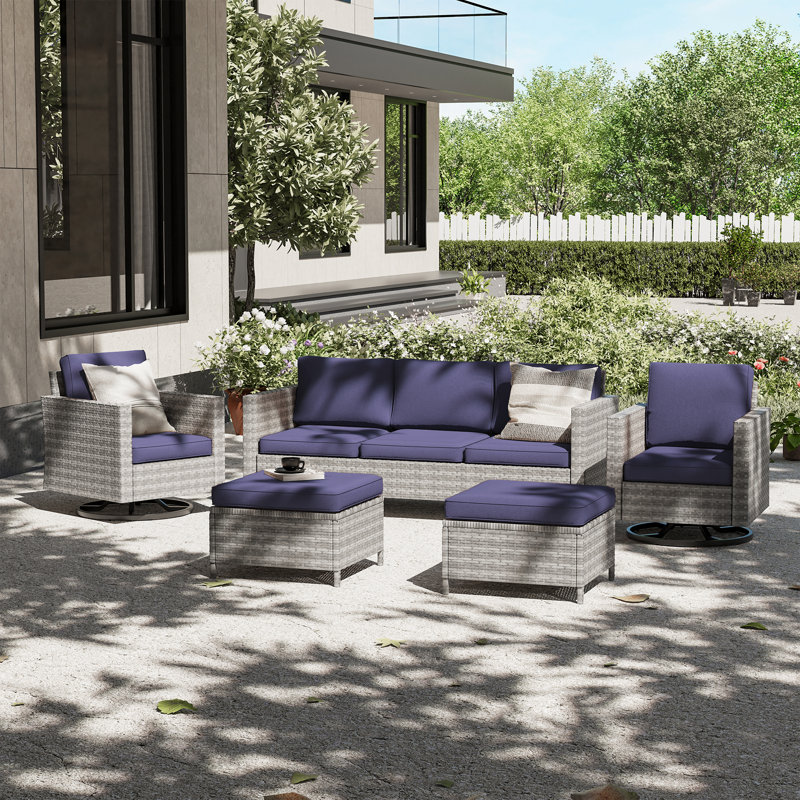 Ensemble de conversation d'extérieur en osier pour 5 personnes avec coussins et chaises berçantes Arunasalam, Gris
