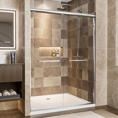 50"-54" W x 72" H Chrome Aluminum Frame Double Sliding Shower Door, 1/4" (6mm) Clear Tempered Glass With Explosion-proof Film, Dual Stainless Steel Handles
