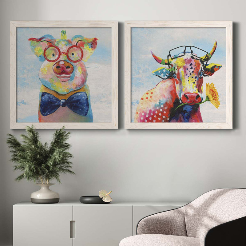 «Groovy Pig And Sky», ensemble de 2 peintures sur toile encadrées, H 31,5 po x l 63 po x P 1,5 po, Cadre blanc