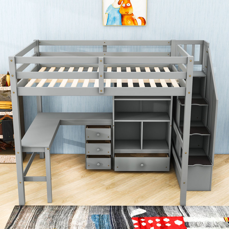 Lit mezzanine double avec bureau, tiroirs et cabine, gris