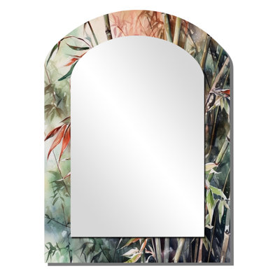 «Green Floral Bamboo Bliss VI», miroir mural arqué floral, miroir décoratif asymétrique vert, impression d'art en métal