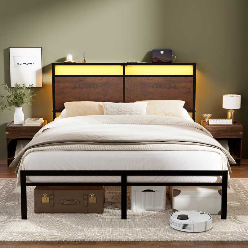 Antioch Full Platform Bed with Storage Headboard, LED Light & Charging Station, USB & Type-C Ports, No Box Spring Needed