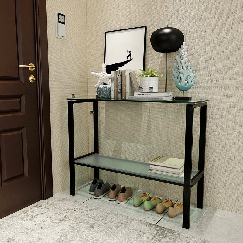 Console avec verre trempé, table de véranda rectangulaire avec pieds noirs, table d'entrée