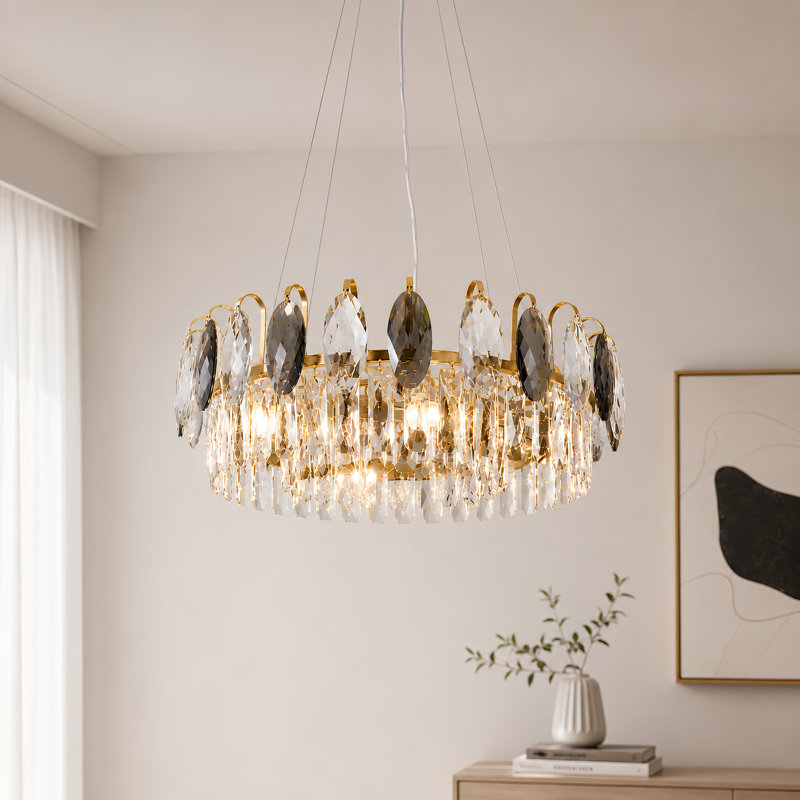 6-Light 23.6" Modern Gold Crystal Chandelier with Layered Oval Crystals