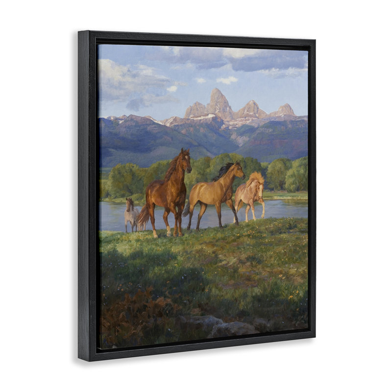 «Mountain River View Horses», art mural encadré par Claire Goldrick, H 21 po x l 17 po, Cadre flottant noir de jais