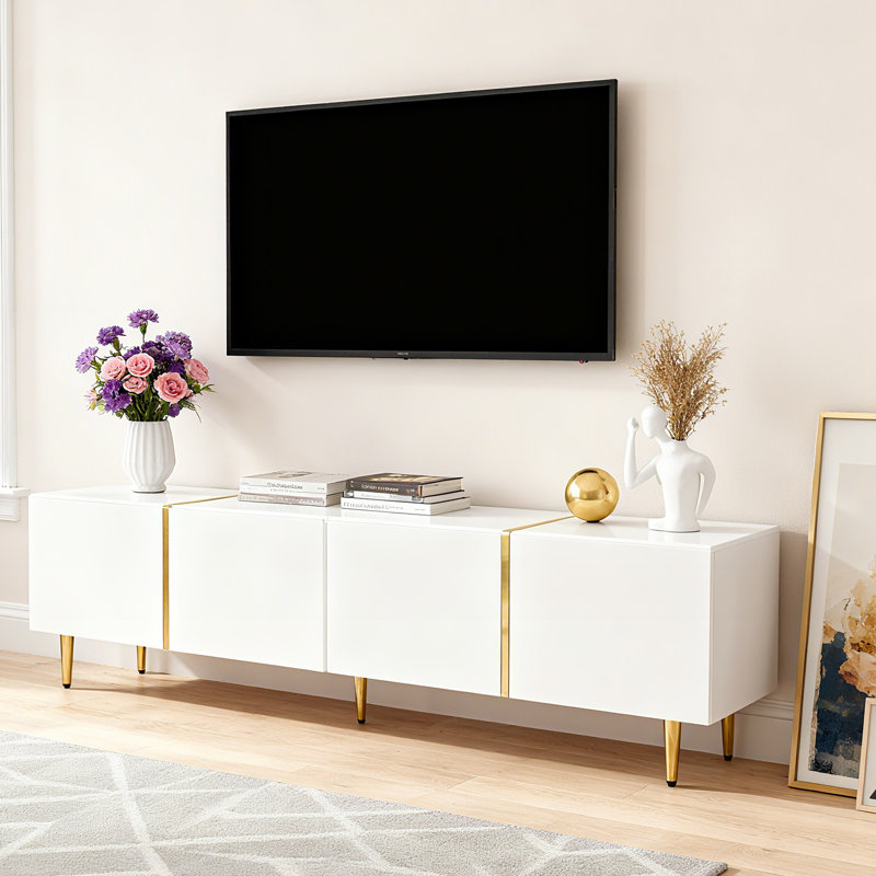 Meuble télé haute brillance avec 4 portes, Blanc