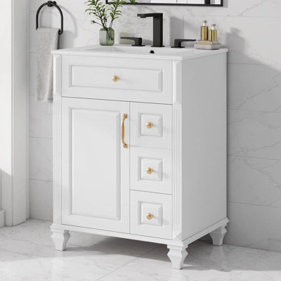 Meuble-lavabo autoportant de 24 po avec lavabo en céramique - Armoire en bois massif et panneau de fibres à densité moyenne avec tiroir rabattable, 3 tiroirs et armoire de rangement, meuble-lavabo compact pour petites salles de bain