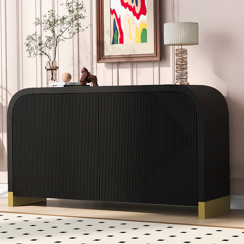 4-Door Curved Corner Design Wavy Door Panel  Cabinet With Adjustable Shelves, Black
