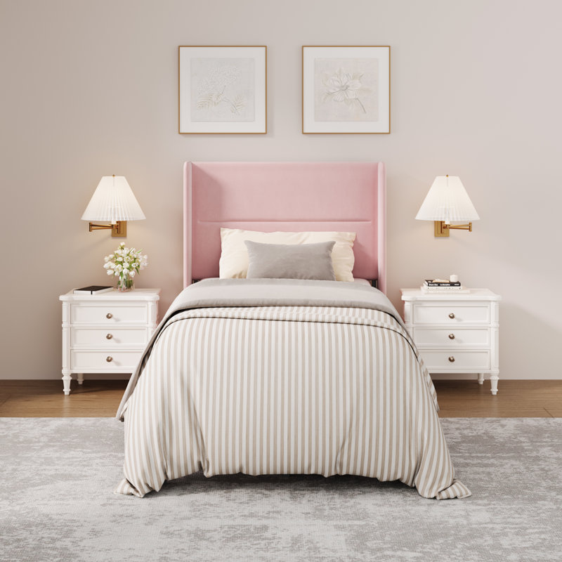 Twin Size Velvet Bed Frame with Wingback Headboard, Upholstered Platform Bedframe with Wood Slats, No Box Spring Needed, Easy Assembly, Pink