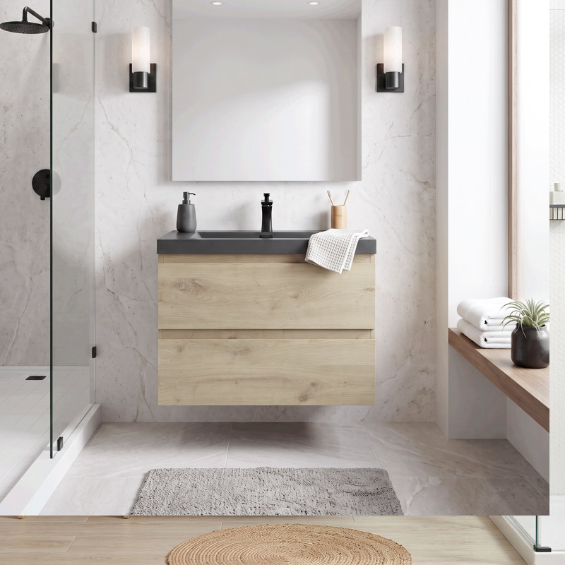 Meuble-lavabo suspendu flottant en mélamine de bois de 30 po avec lavabo intégré en résine et sable de quartz, quincaillerie de qualité supérieure à fermeture en douceur, aménagement de rangement intelligent et spacieux (entièrement assemblé)