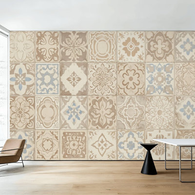 Papier peint auto-adhésif à carreaux marocains rétro avec motifs terreux tons terreux bleus H 100 po x l 144 po, décoration murale auto-adhésive en PVC pour chambre à coucher, bureau à domicile