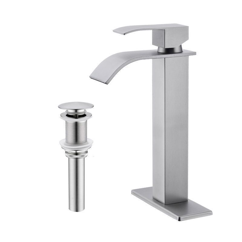 Single Handle Waterfall Bathroom Vessel Sink Faucet With Pop-up Drain, Brushed Nickel