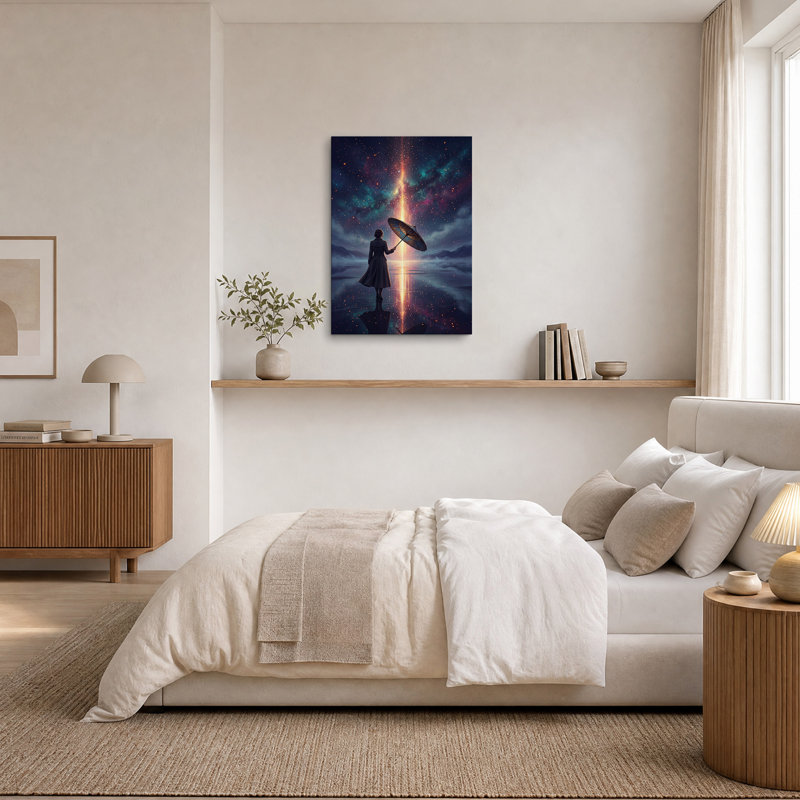 Silhouette de femme avec parapluie sous un ciel étoilé - Tableau sur toile, H 36 po x l 24 po