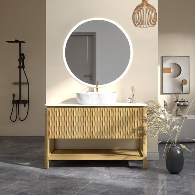 Freestanding Plywood Bathroom Vanity With Sintered Stone Top, Bamboo Texture Doors&Open Shelf