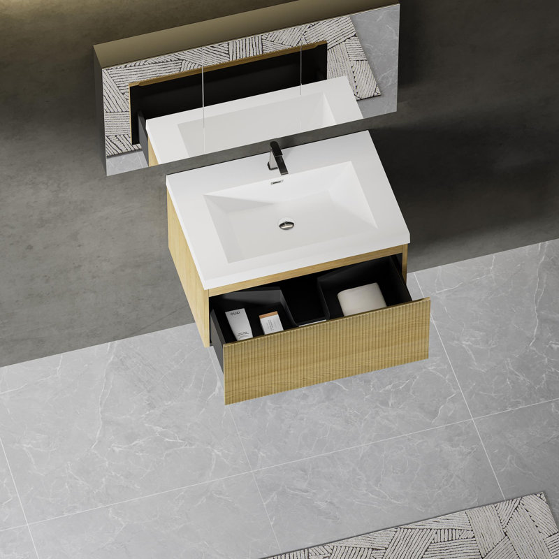 Meuble-lavabo mural avec lavabo à surface solide, 30", Blanc, Bois de chêne naturel
