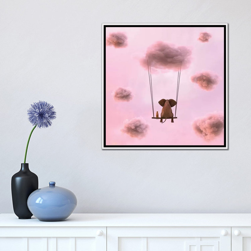 «Elephant and Dog Are Flying on a Cloud» par Mike Kyivi, reproduction d'impression, Toile blanche encadrée, Pas de tapis