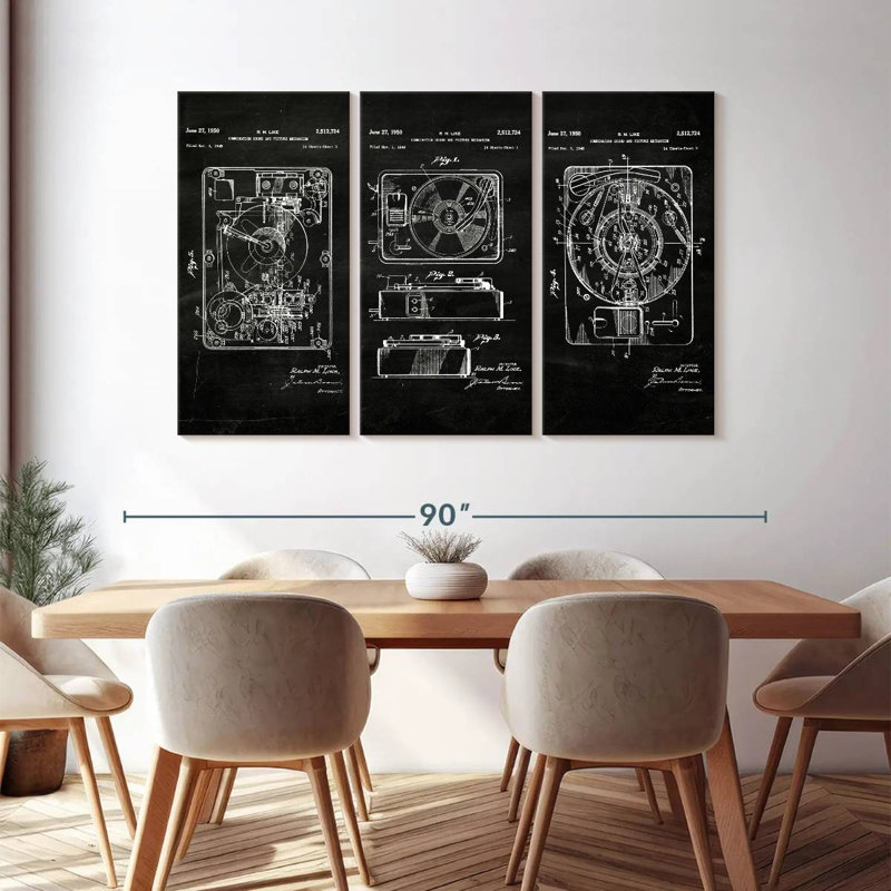 Ensemble de 3 pièces de son et image combinées brevet sur toile, H 48 po x l 74 po x P 1,25 po