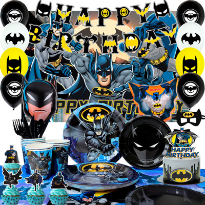Batman Party Backdrop Decor Decorations,115pcs Batman Birthday Decorations & Batman Party Tableware Set