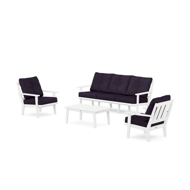 Ensemble de conversation à assise profonde et canapé 4 pièces Oxford, Lin bleu marine, Blanc