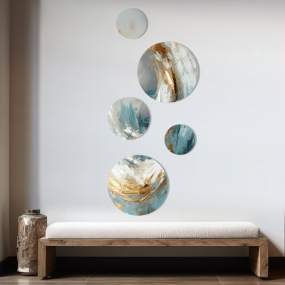 «Gold and Grey Paint Spiral Whispers II», ensemble de 5 ronds spirales abstraites