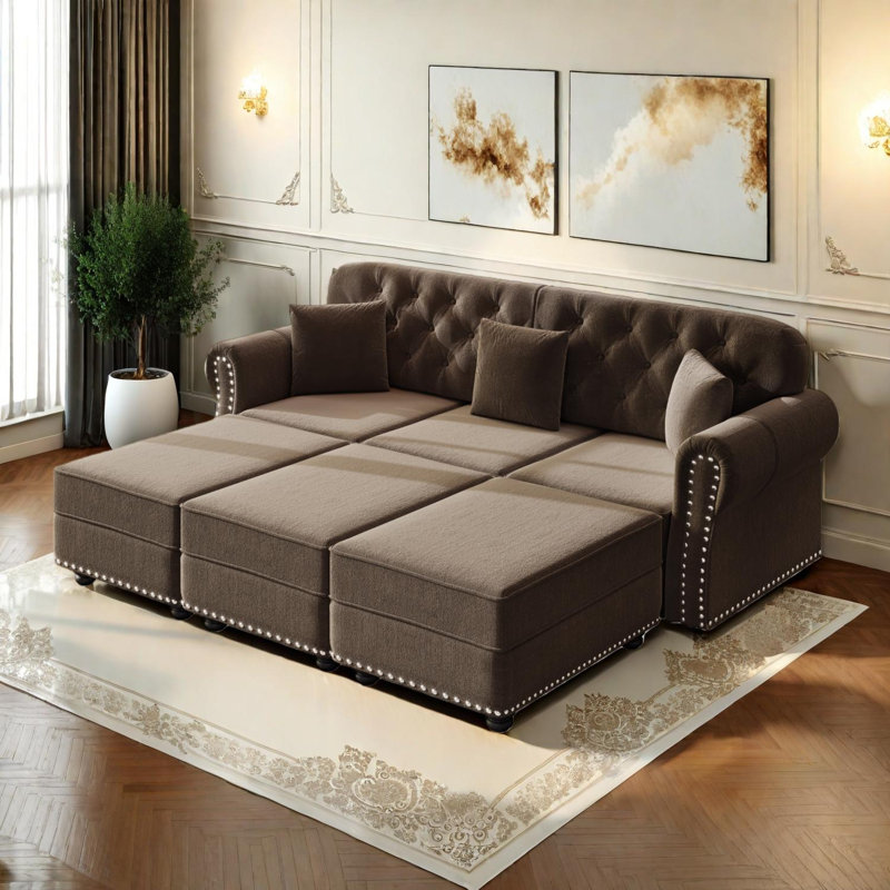 Canapé Chesterfield rembourré en velours avec capitonnage et garniture cloutée, Brun