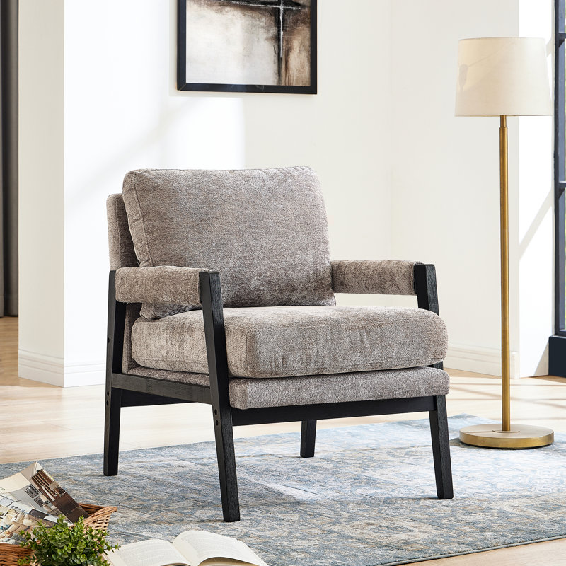 Fauteuil gris - Design moderne de style Mid-Century, revêtu de chenille, structure en bois stable, coussin amovible avec dossier, coussin de siège, magnifique