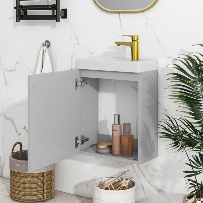 Meuble-lavabo mural contemporain 16 po avec lavabo en céramique - idéal pour les petites salles de bain, Gris