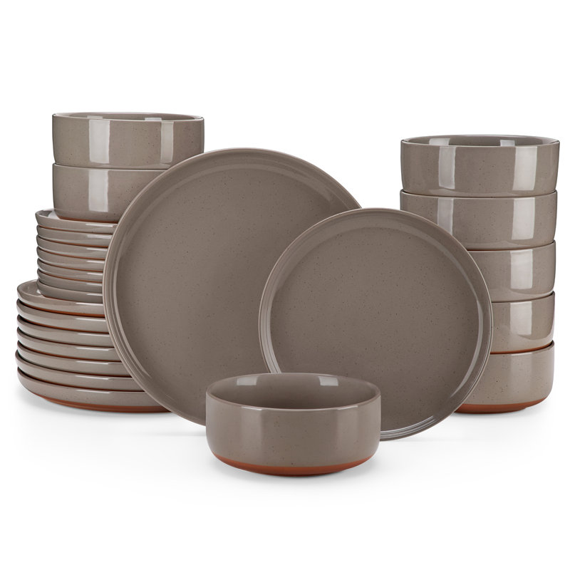 24 Pcs Ceramic Dinnerware Set, Plate And Bowls With Non Slip Base, Specks, Multicolor Set, Brown, Dinner Plates, Dessert Plates And Bowls For 8 Person, Vertical Edge