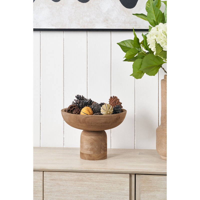 Handcarved Mango Wood Bowl with Raised Base, Natural