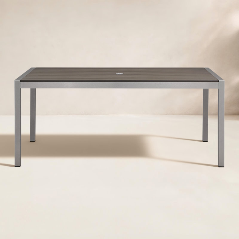 Aynura Rectangular Metal Outdoor Dining Table With Umbrella Hole , 71'' in. W 35'' in. D, Gray, Silver