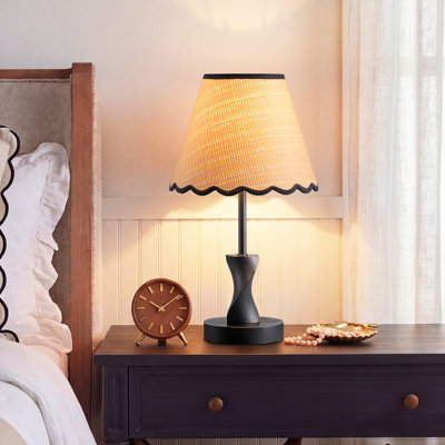 15.35" Solid Wood Table Lamp with Scallop Shade for Living Room Bedroom, Bedside Table