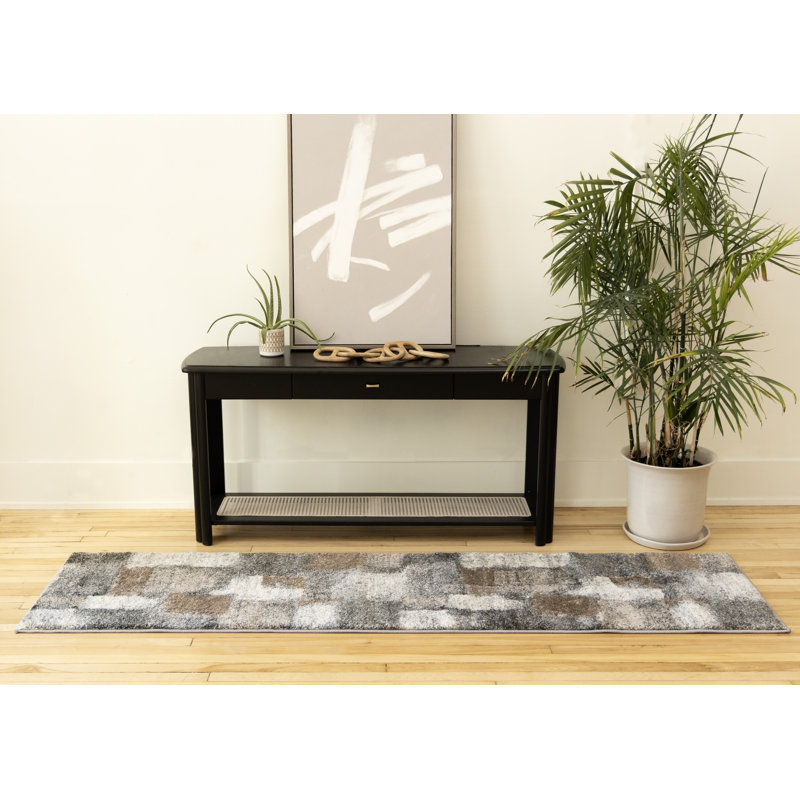Tapis d'intérieur doux gris / brun à motif abstrait et neutre Menoher, Tapis de couloir 2 pi x 7 pi 7 po