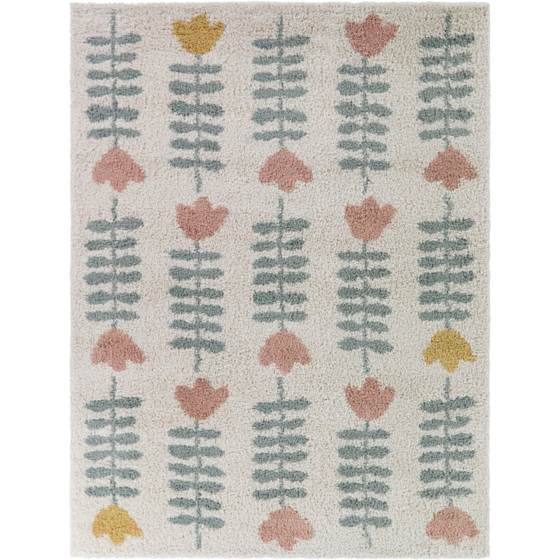 Hawthorne Pink/Sage Kids Floral Stripes Area Rug, 5'3" x 7'