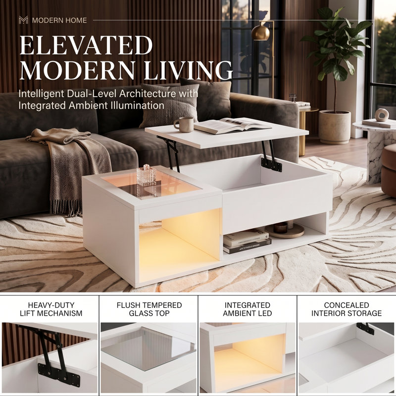 100cm Coffee Table with Lift Top & RGB LED Lights, Modern High Gloss Living Room Storage Table with Glass Display, White
