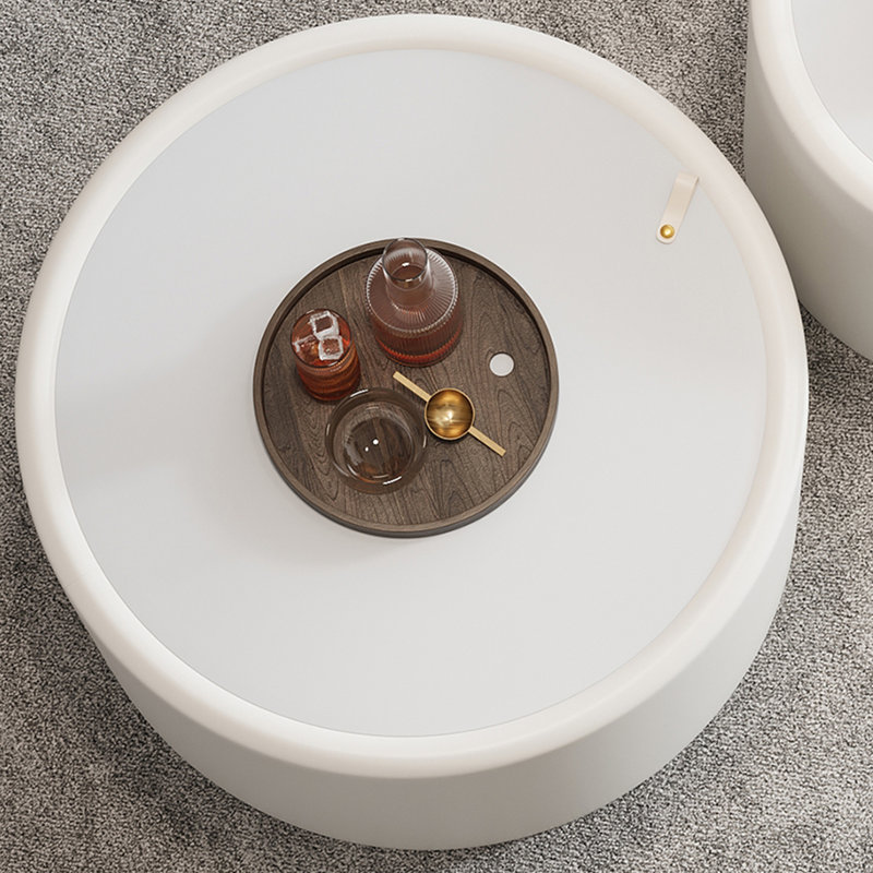Table basse ronde blanche avec plateau en verre trempé, corps en cuir PU et rangement caché pour le salon, table d'appoint moderne