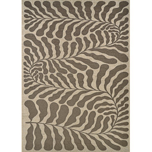 Castille Ikeshia Mocha Contemporary Indoor/Outdoor Rug - 5'3" X 7'6" In Floral Style, Power-Loomed Polyester And Poly-Chenille Blend, Durable, Easy Clean For Living Room Bedroom Outdoor Patio Home Decor